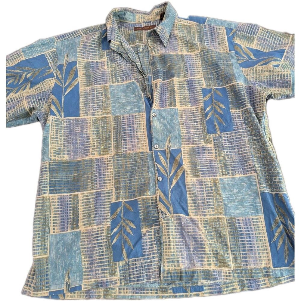 Vintage Tori Richard Honolulu XL Hawaiian Shirt Cotton Geometric Blue Button